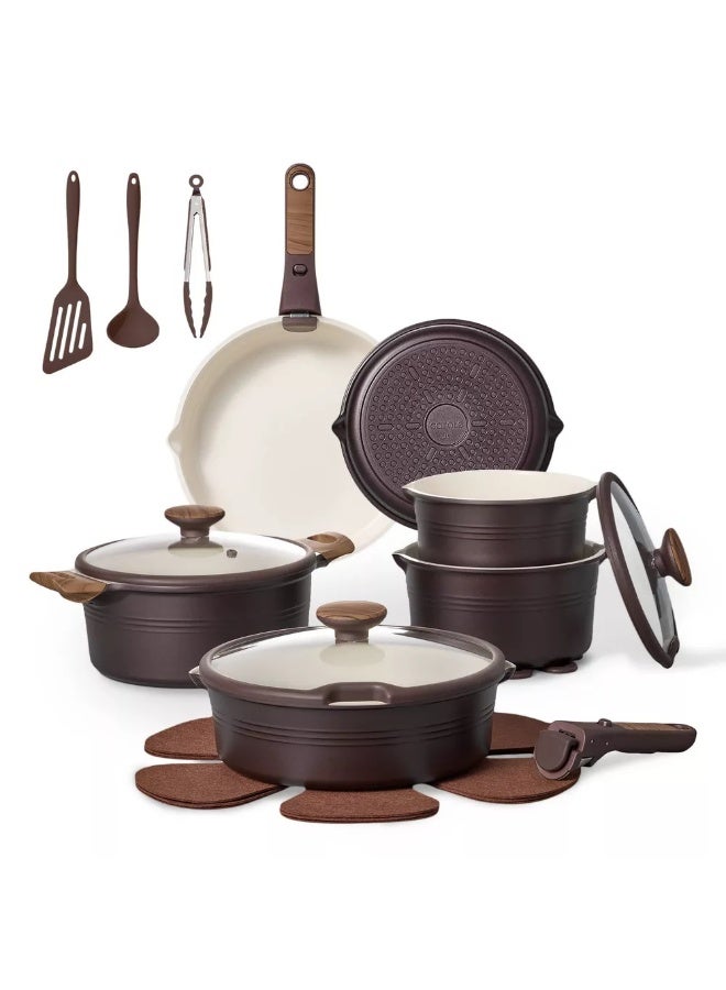 كاروت طقم أواني كاروت 24 قطع سيراميك غير لاصق بمقابض قابلة للفصل، خالٍ من PFAS لطهي صحي، تصميم قابل للتكديس مع فتحات صب، متوافق مع جميع المواقد وآمن لغسالة الصحون (شوكولاتة) - Image 1